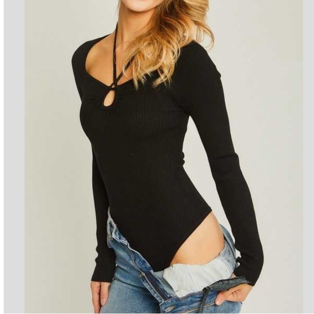 Love Tree Women’s Black Long Sleeve Spandex Ribbed Knit Sweater Bodysuit